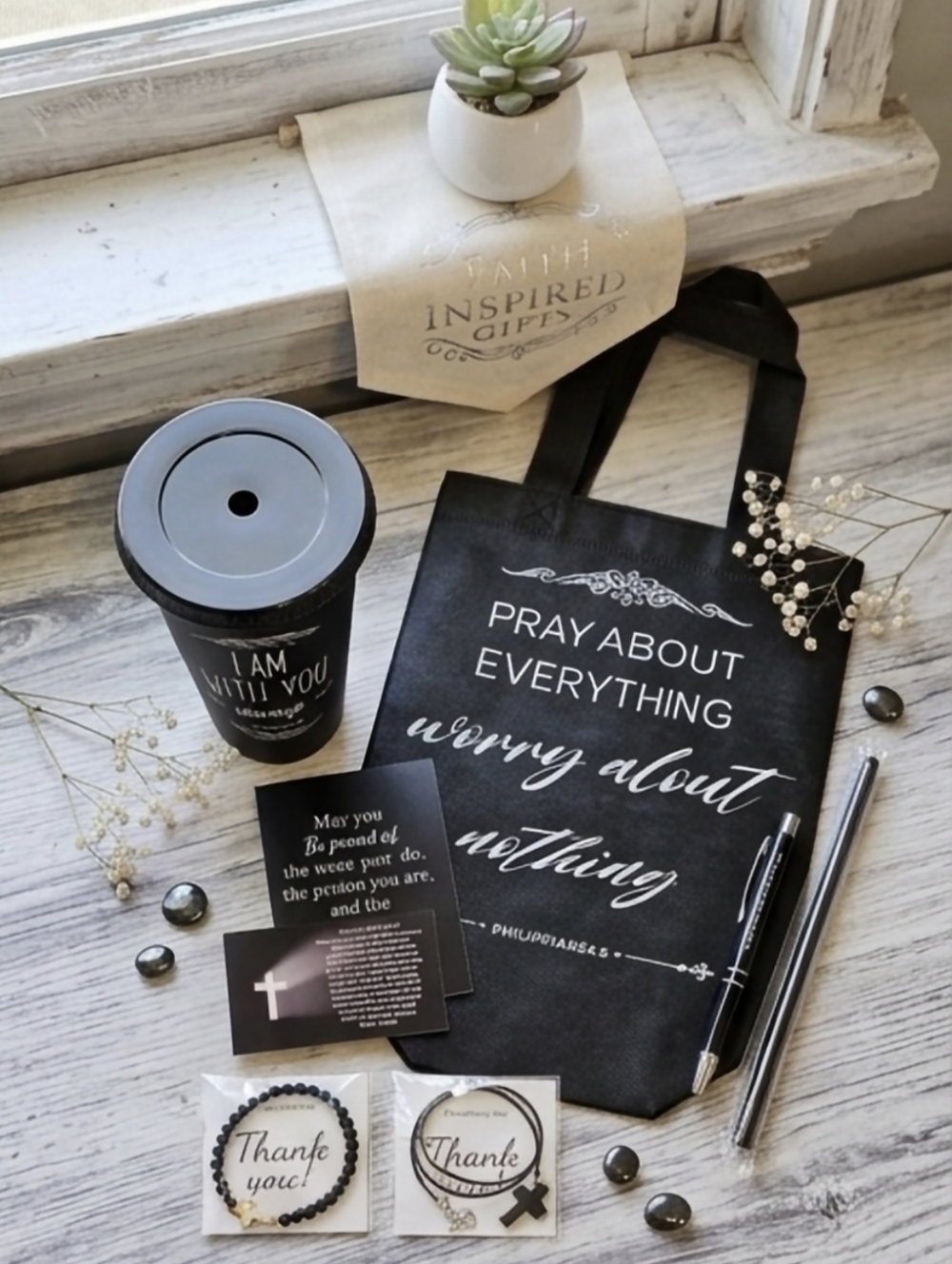 7 Pc- Inspirational Prayer Tote & Accessories Set - [Black & White] - Picture 2 of 4